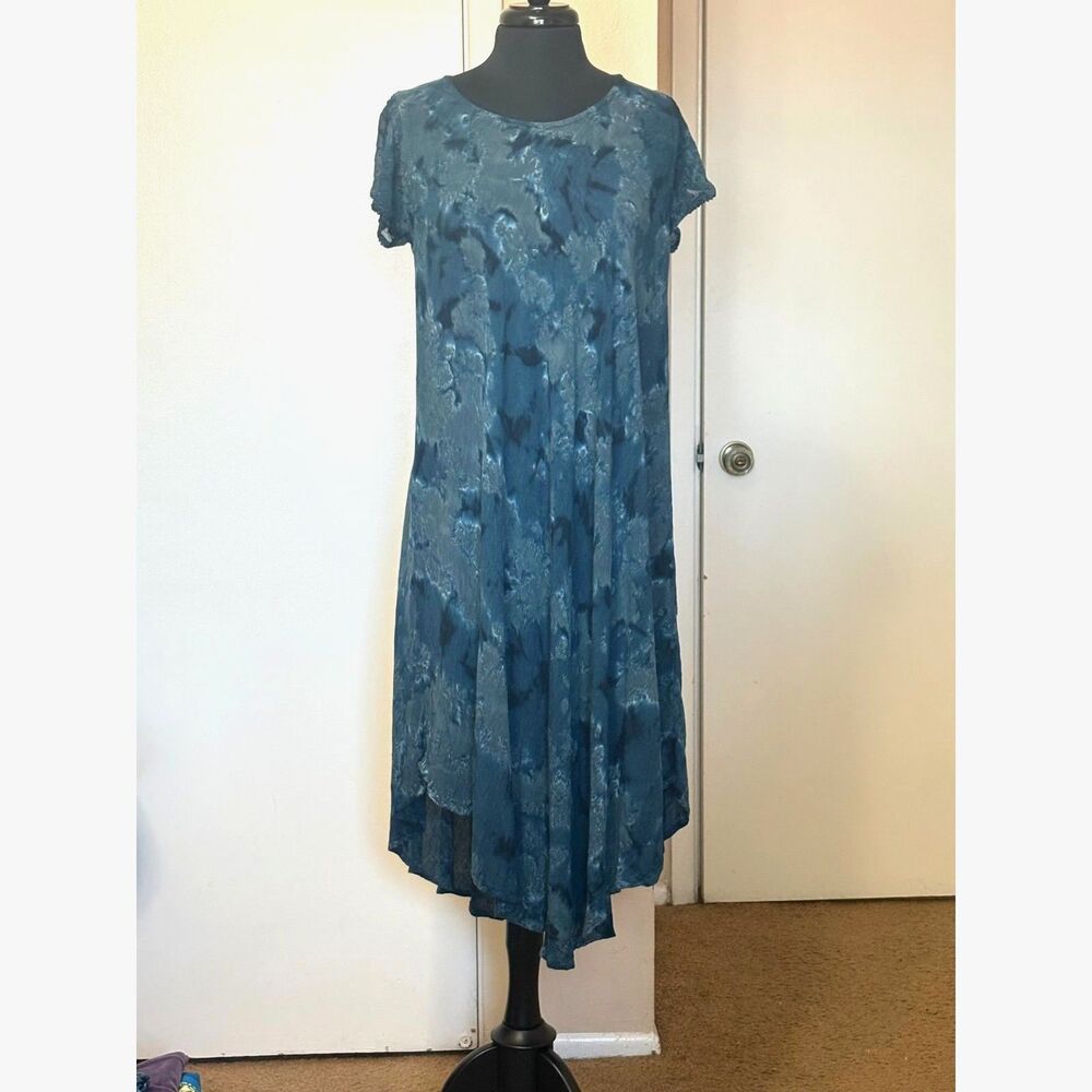 Blue Tie-Dye Caftan Dress Asymmetrical Hem Lace Sleeves